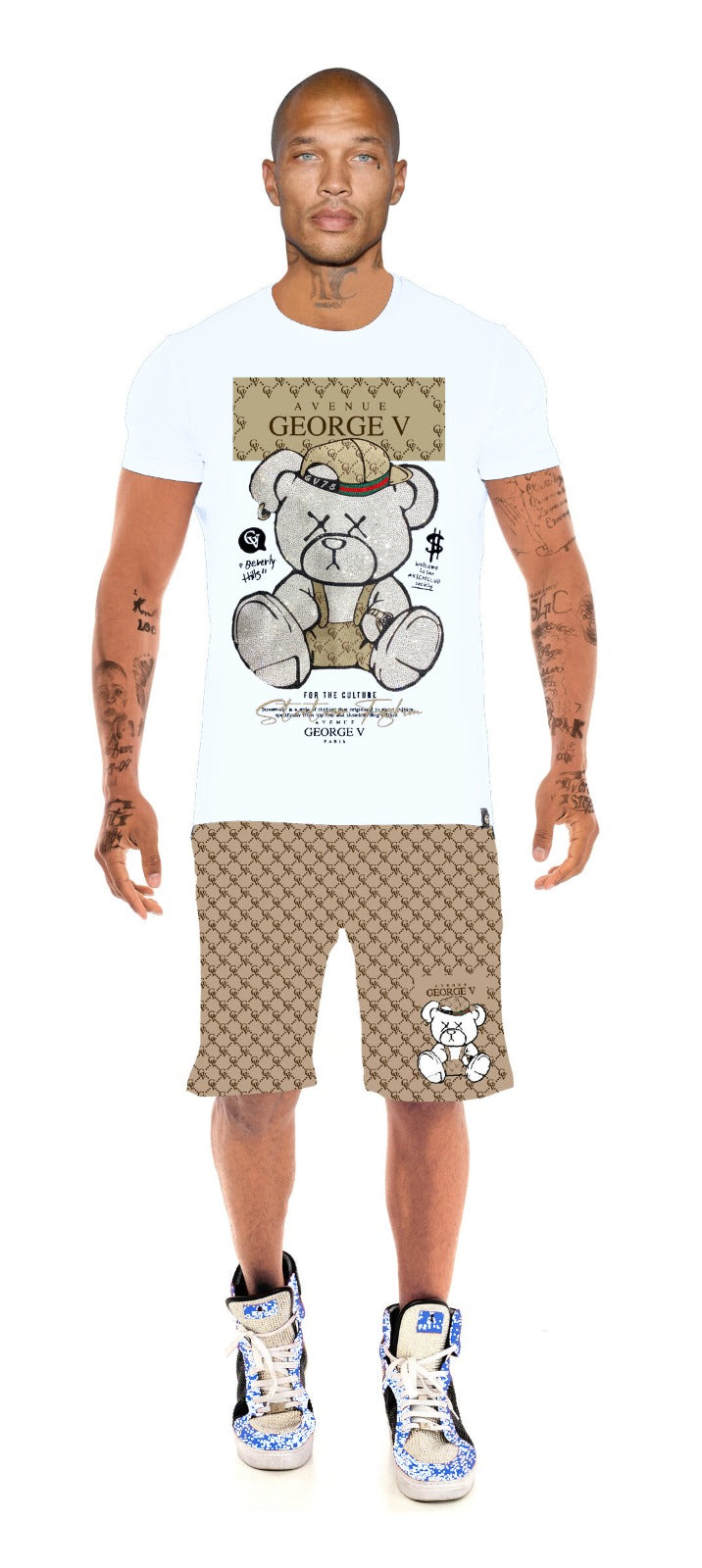 GV 2705 T-Shirt & Shorts Set Unique Rhinestone Bear Print Men's Set - Slim Fit