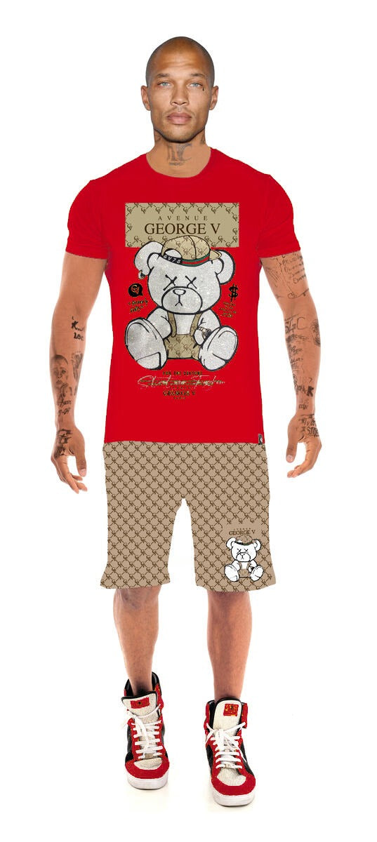 GV 2705 T-Shirt & Shorts Set Unique Rhinestone Bear Print Men's Set - Slim Fit