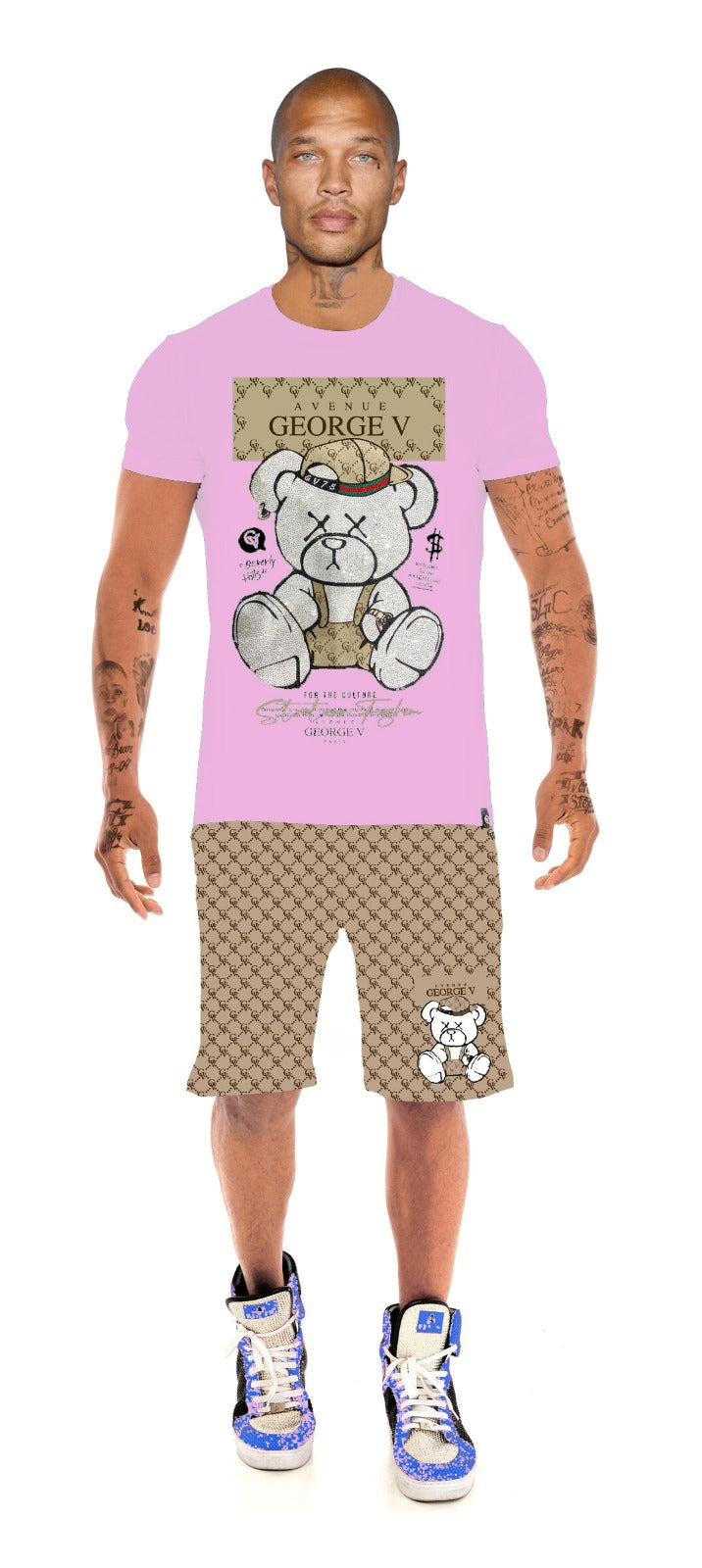 GV 2705 T-Shirt & Shorts Set Unique Rhinestone Bear Print Men's Set - Slim Fit