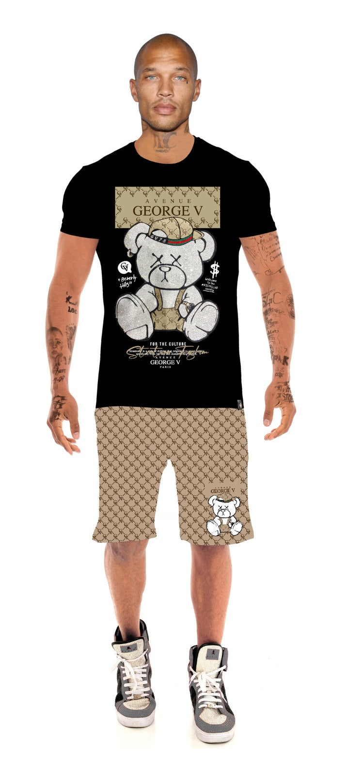 GV 2705 T-Shirt & Shorts Set Unique Rhinestone Bear Print Men's Set - Slim Fit