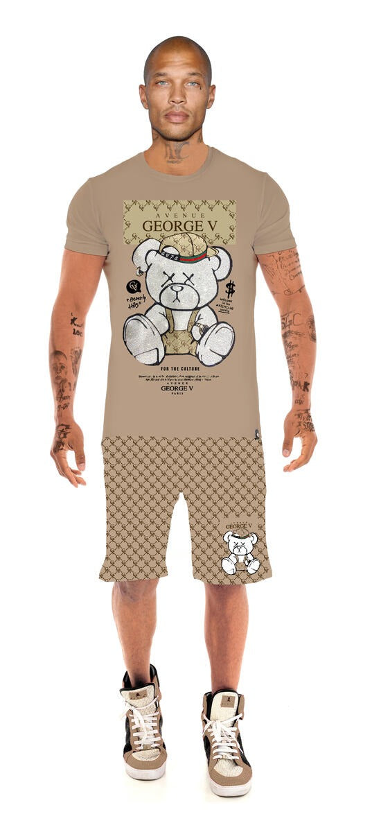 GV 2705 T-Shirt & Shorts Set Unique Rhinestone Bear Print Men's Set - Slim Fit
