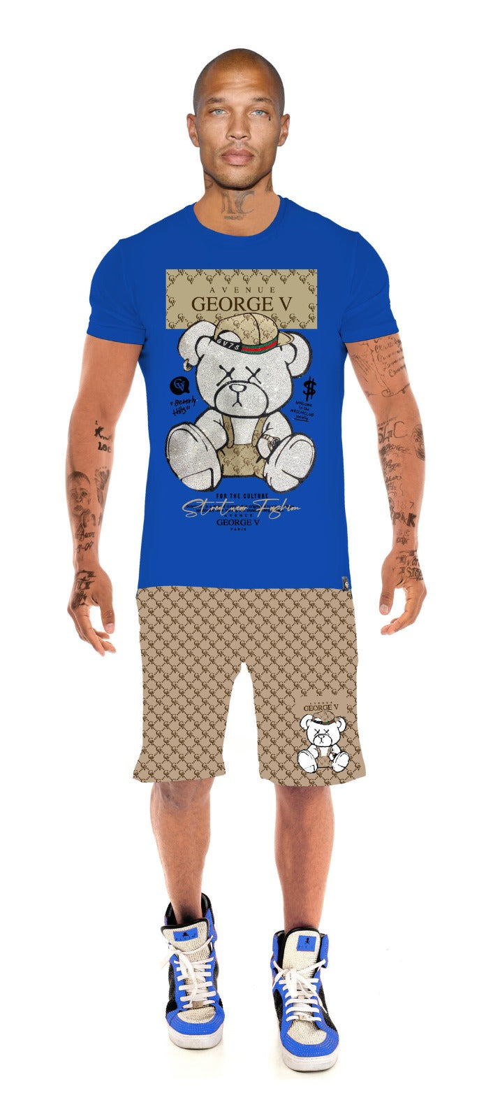 GV 2705 T-Shirt & Shorts Set Unique Rhinestone Bear Print Men's Set - Slim Fit