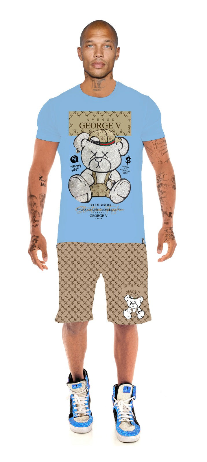 GV 2705 T-Shirt & Shorts Set Unique Rhinestone Bear Print Men's Set - Slim Fit
