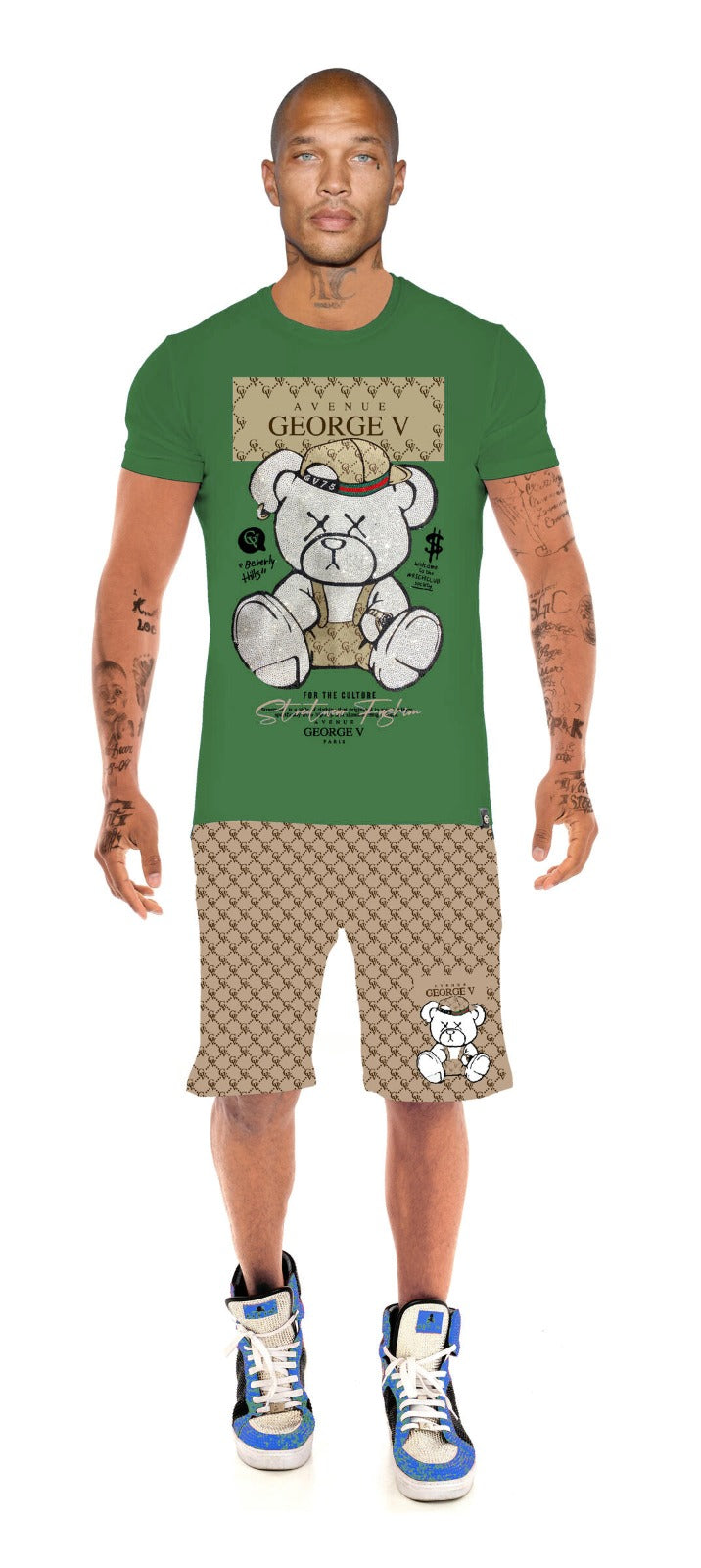 GV 2705 T-Shirt & Shorts Set Unique Rhinestone Bear Print Men's Set - Slim Fit